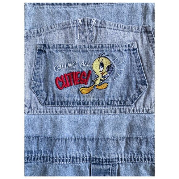 Looney Tunes Tweety Bird Distressed Denim Overall Shorts 90s–Y2K Size XL Vintage - Picture 4 of 11